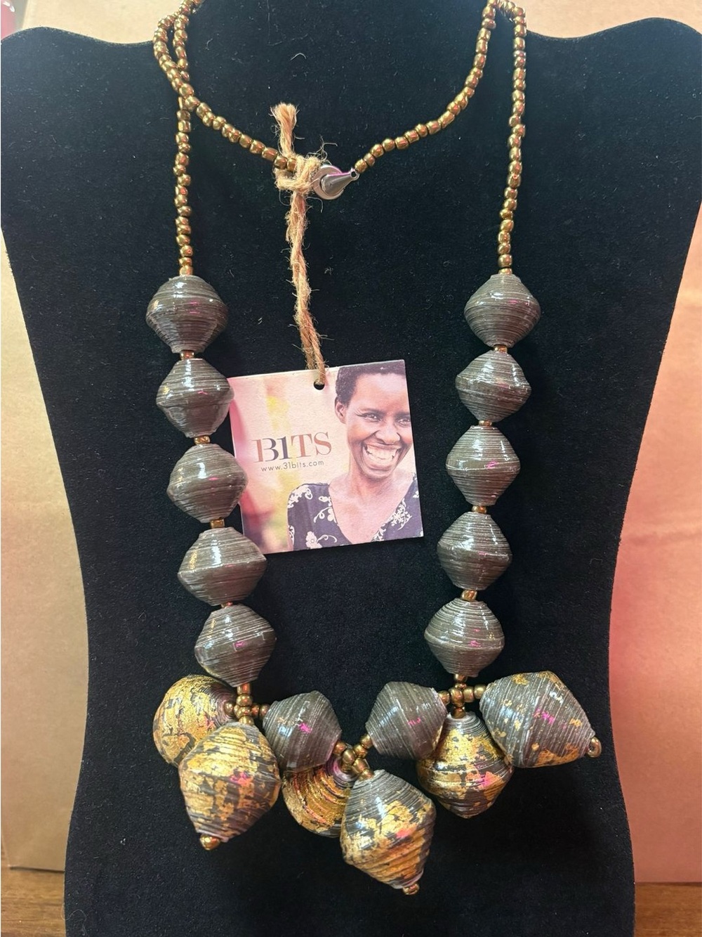Ugandan Gold and Gray Paper Beaded Statement Necklace